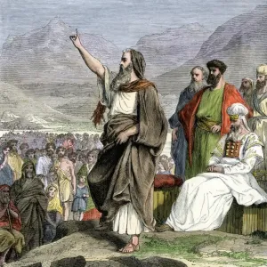 Hand-colored woodcut print of Moses reciting the Ten Commandments Hand-colored woodcut print of Moses reciting the Ten Commandments
