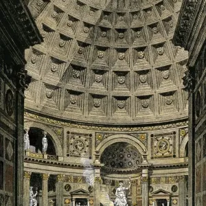 Hand-colored woodcut print of ancient Roman Pantheon interior Hand-colored woodcut print of ancient Roman Pantheon interior