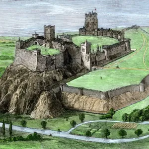 Hand-colored woodcut print of Nottingham Castle in the 1500s Hand-colored woodcut print of Nottingham Castle in the 1500s