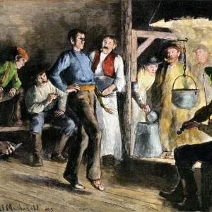 Hand-colored woodcut print of a Canadian logging camp scene Hand-colored woodcut print of a Canadian logging camp scene