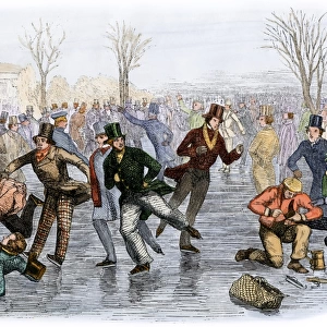A crowded Boston skating pond, 1800s