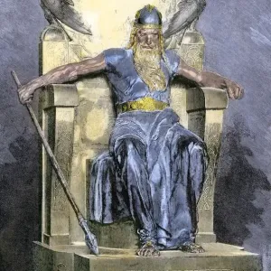 Print of Odin on his throne, hand-colored engraving Print of Odin on his throne, hand-colored engraving