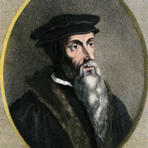 John Calvin Print: Hand-colored engraving of a theologian's portrait John Calvin Print: Hand-colored engraving of a theologian's portrait