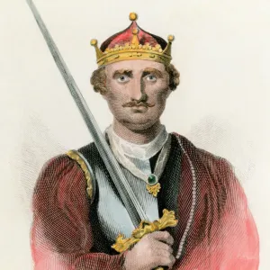 Hand-colored engraving print of William the Conqueror holding a sword Hand-colored engraving print of William the Conqueror holding a sword