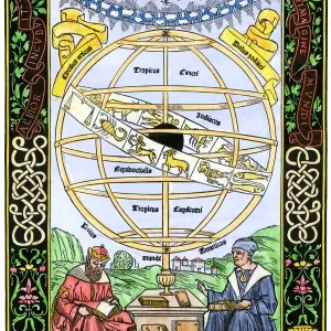 Hand-colored woodcut print of Ptolemy's earth-centered cosmology