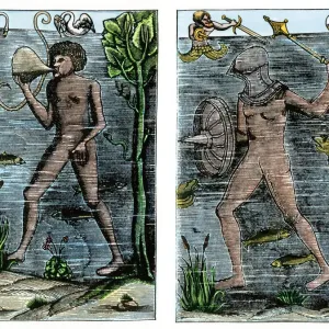 Underwater Diver Print, 16th-century Woodcut Engraving