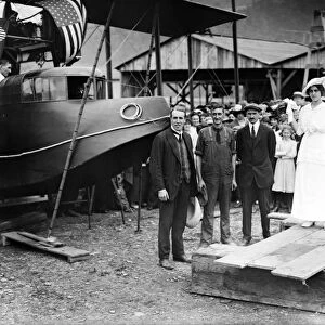 (1878-1930). American inventor and aviator. With John Cyril Porte, George E. A. Hallett, and Katherine Masson at the christening of the Curtiss Model H flying boat America in Hammondsport, New York. Photograph, 22 June 1914