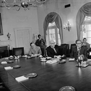 38th President of the United States. Meeting with the National Security Council in the Cabinet Room of the White House, Washington, D. C. From left to right: William E. Colby, Robert S. Ingersoll, Henry Kissinger, Gerald Ford, James R. Schlesinger, William P. Clements, Jr. and George S. Brown. Photographed by Thomas J. O Halloran