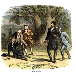 7th President of the United States. Jacksons fatal duel with Charles Dickenson on May 30, 1806: wood engraving, 19th century