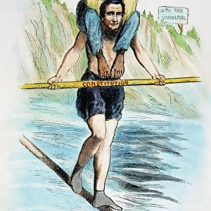ABRAHAM LINCOLN. An 1860 American cartoon comparing presidential candidate Abraham Lincoln to Charles Blondin, the French acrobat who crossed Niagara Falls on a tightrope ealier that year