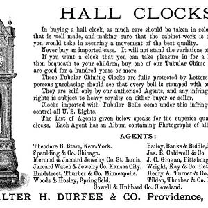 AD: HALL CLOCK, 1890. American magazine advertisement for Walter H. Durfee hall clocks