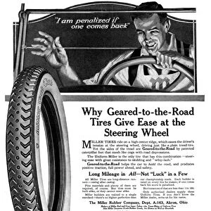 AD: MILLER TIRES, 1919. American advertisement for Miller Tires, manufactured by