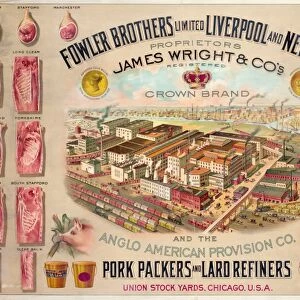AD: PORK, c1870. Advertisement for Fowler Brothers pork packers and lard refiners