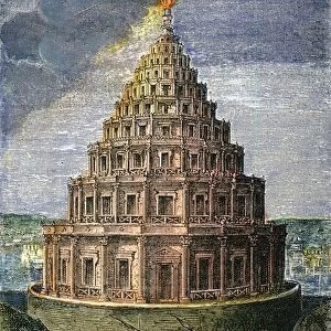ALEXANDRIA LIGHTHOUSE. The lighthouse Pharos in Egypt, built by Sostratus of Cnidus (reconstruction). Colored engraving, 19th century (a reconstruction)