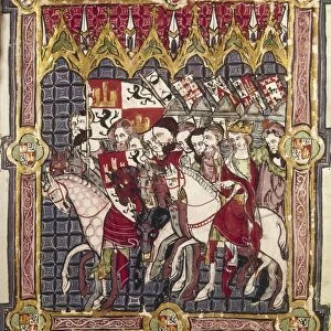 ALFONSO VII (1105-1157). King of Galicia, Leon, and Castile. Alfonso (on white horse, wearing crown) riding to his coronation beneath the banners of Castile and Leon. Parchment with engravings, 14th century, from the Book of the Coronations of the Kings of Spain