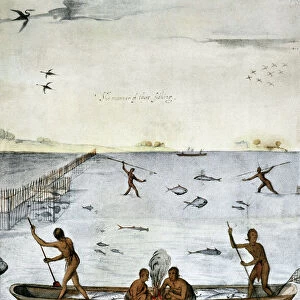 ALGONQUIAN: FISHING, 1585. Carolina Algonquian Native Americans fishing. Watercolor