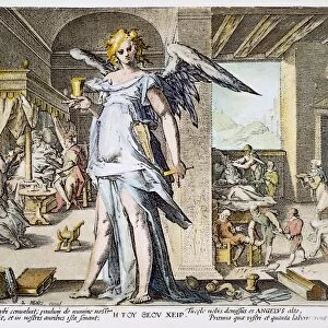 Allegory of the Physician as an Angel. Copper engraving, 1587, by the studio of Hendrik Goltzius (1558-1617)