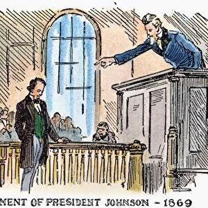American cartoon, c1911, depicting Uncle Sam as the presiding judge at President Andrews impeachment trial in 1868, delivering a sharp rebuke