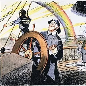 American cartoon, c1934, showing President Franklin D. Roosevelt steering the ship of state toward economic recovery, while his detractors continue to grumble under the Depression cloud
