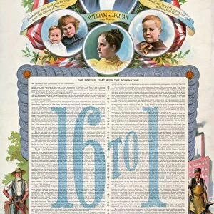 American lithograph poster from the presidential campaign of 1896, bearing the full text of Democratic candidate Willam Jennings Bryans Cross of Gold speech, delivered at the nominating convention