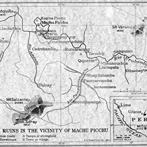 American map of Inca ruins in the vicinity of Machu Picchu, Peru, 1924