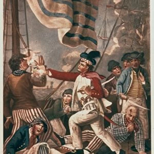 American (Scottish-born) naval officer. John Paul Jones shooting a sailor who had attempted to strike his colors during an engagement. English satirical mezzotint cartoon, c1779