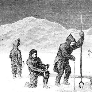ARCTIC: SPEAR-FISHING. Men spear-fishing in the arctic. Wood engraving, American, 1880