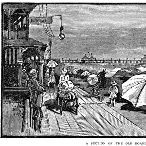 ATLANTIC CITY: BOARDWALK. A section of the old boardwalk in Atlantic City, New Jersey. Wood engraving, American, 1890