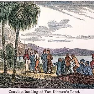 AUSTRALIA: CONVICTS, 1804. The arrival in Tasmania (or Van Diemens Land as it was known until 1853) of convict settlers from Britain, c1804. Wood engraving, 1853
