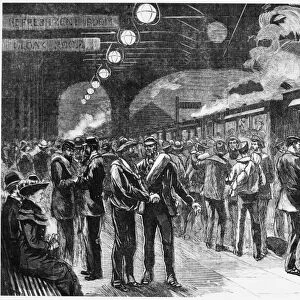AUSTRALIA: GOLD RUSH, 1880. Men at Sydney Railway Station boarding a train for the gold fields of Temora, New South Wales, during the gold rush that started in 1879. Wood engraving from an Australian newspaper of 1880