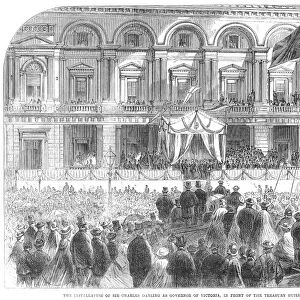 AUSTRALIA: MELBOURNE, 1863. The installation of Sir Charles Darling as governor of the state of Victoria, in front of the Treasury Building at Melbourne, 1863. Wood engraving from a contemporary English newspaper