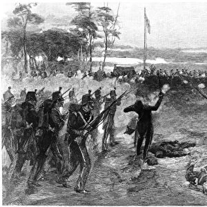 AUSTRALIA: REBELLION, 1854. The Eureka Stockade at Ballarat gold fields in Victoria, Australia, where gold diggers rebelled in 1854 against government license fees and police actions. Wood engraving, 1886