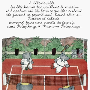 Babar, king of the elephants, and Celeste playing tennis at Celesteville
