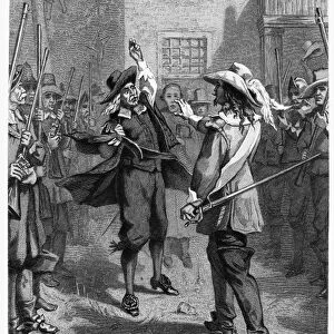 BACONs REBELLION, 1676. A confrontation between Nathaniel Bacon (right) and Virginia governor Sir William Berkeley in Jamestown, Virginia in 1676. Line engraving, 19th century