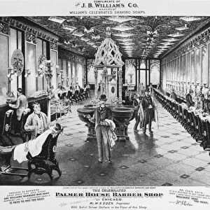 BARBER SHOP, 1890. Interior view of the barber shop at the Palmer House Hotel, Chicago