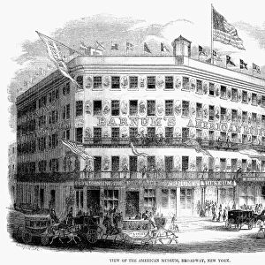 BARNUMs MUSEUM, 1853. View of P. T. Barnums American Museum on Broadway, New York City. Wood engraving, American, 1853