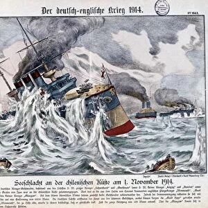 BATTLE OF CORONEL, 1914. A British ship sinking during the Battle of Coronel off