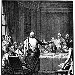 BENJAMIN FRANKLIN (1706-1790). American printer, publisher, scientist, inventor, statesman and diplomat. Franklins Oppose aux Taxes. French line engraving depicting Franklins examination before the House of Commons to protest taxes in America, 1766
