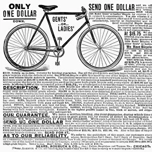 BICYCLE ADVERTISEMENT, 1898. American newspaper advertisement, 1898, for Sears, Roebuck & Co. promising to ship a bicycle after receipt of a down payment of one dollar
