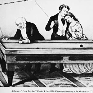 BILLIARDS, 1874. Froze Together. Lithograph, 1874, by Currier & Ives