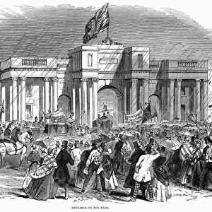 BIRKENHEAD PARK, 1847. Crowds at the entrance to Birkenhead Park, Birkenhead, England