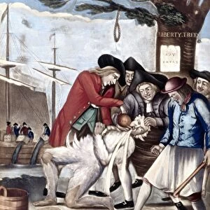 The Bostonians Paying the Excise Man, or Tarring and Feathering. English mezzotint satire attributed to Philip Dawe, 1774, on the treatment given to John Malcom, an unpopular Commissioner of Customs at Boston, Massachusetts