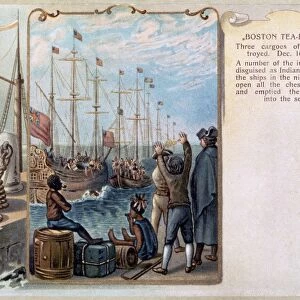 Bostonians watching Sons of Liberty dumping tea into the harbor, 16 December 1773. Lithograph after Daniel Chodowiecki, 1784, from a 19th century American book