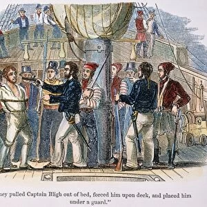 BOUNTY MUTINY. Captain William Bligh placed under guard by Fletcher Christian and the other mutineers on the HMS Bounty April 28, 1789. Engraving, 19th century