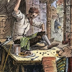 BRAVE LITTLE TAILOR, 1891. The tailor about to kill seven flies in one blow. Illustration