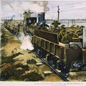 BRITISH IN EGYPT, 1882. At the beginning of the British occupation of Egypt British forces move inland aboard armored railway cars, a machine gun mounted at the front of the train: wood engraving from a contemporary British newspaper