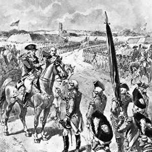 British General Charles Cornwallis surrendering to American General George Washington at Yorktown, Virginia, ending the fighting in the American Revolution, 19 October 1781. Lithograph after a drawing by Henry A. Ogden (1856-1936)