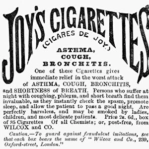 British newspaper advertisement for Joys Cigarettes, which claimed to alleviate asthma, cough and bronchitis, 1884