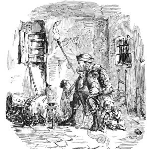 BRITISH POVERTY CARTOON. The Home of the Rick-Burner. English cartoon, 1844, by John Leech commenting on rural poverty