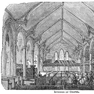 BROOKLYN: PREP SCHOOL. Interior of the chapel at Packer Collegiate Institute, a preparatory school established in 1845 at Brooklyn Heights, Brooklyn. Wood engraving, c1850